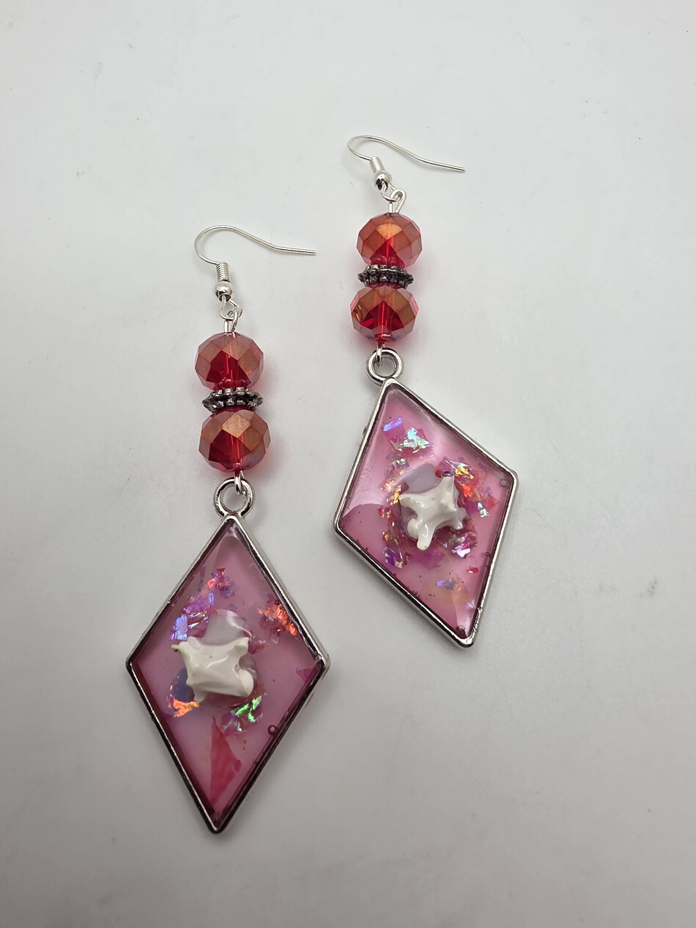 Pink Resin Diamond Dangle Earrings with Red Crystal Beads